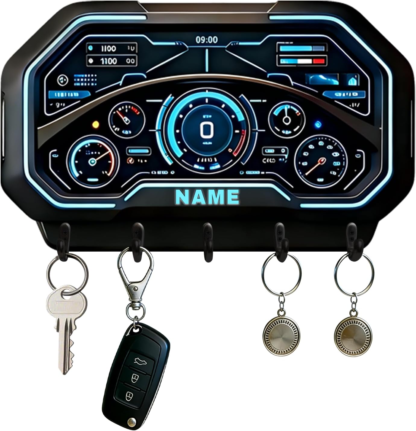 HSAEANZL Personalized Car Dashboard Steering Wheel Key Holder, Custom Name Wall Mounted Key Rack with Hooks, Racing Car Lover Gift for Men Dad Boyfriend, Garage Decor (Style 5)