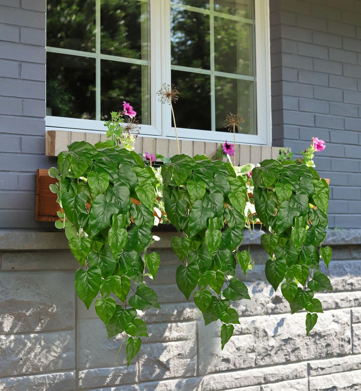 2 Packs UV Resistant Artificial Hanging Plants Outdoors & Indoors, 33" Large Fake Pothos Plants Faux Monstera Hanging Greenery for Planter, Shelf, Wall, Window Box, Porch, Patio, Garden, Balcony Decor