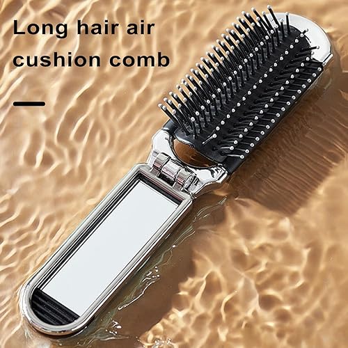 Miniatura 2 de Cepillo de pelo para mujer, peine plegable portátil y espejo 2 en 1, peine de masaje con cojín de aire, peine de masaje con mango antiestático para