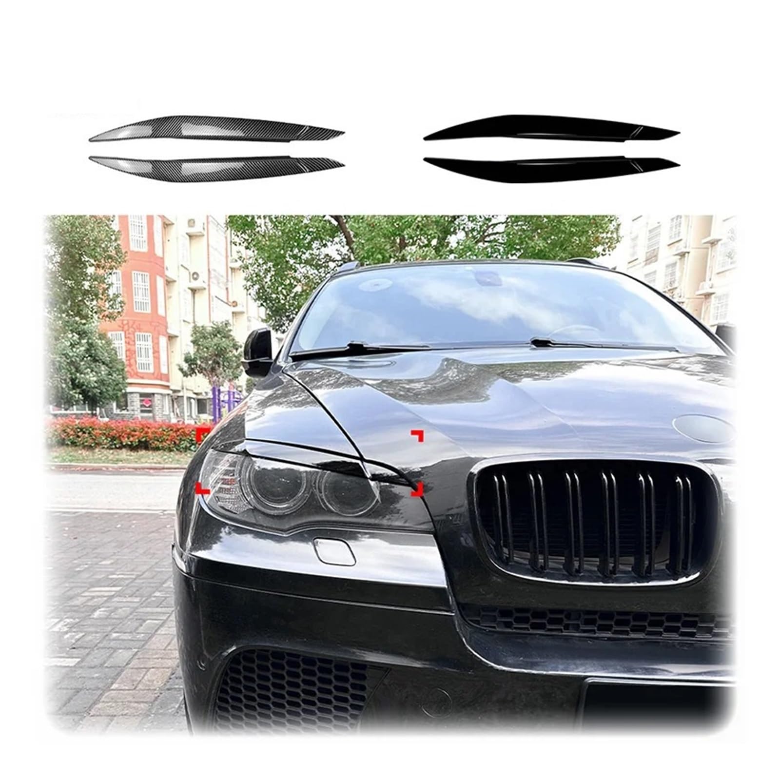 Naklejka na przednie reflektory samochodowe, osłona reflektora, Compatible With X6 E71 z lat 2008-2014, połysk, czarny, włókno węglowe, wykończenie powiek ABS(Carbon Look)