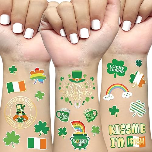 Tatuajes del día de San Patricio, trébol con purpurina, decoración de fiesta, Kiss Me I'm Irish Party Favor de cuatro hojas trébol decoración de