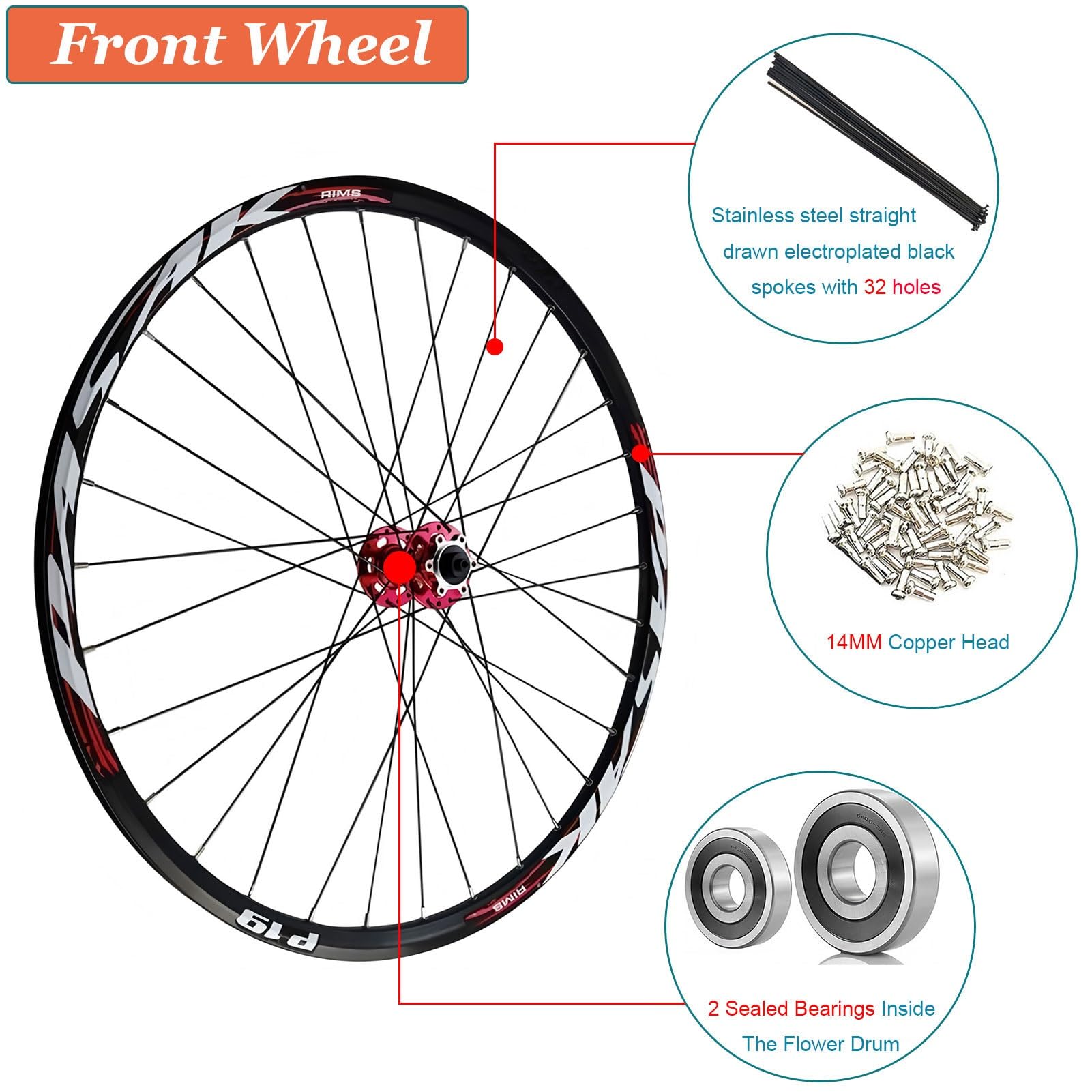 AuroraXQ Koła Rowerowe MTB 26/27,5/29" Aluminium HB08/P19HG Hamulce Tarczowe, 7-12 Biegów, Opony 1.25-2.25"(Czerwony,26 cali)