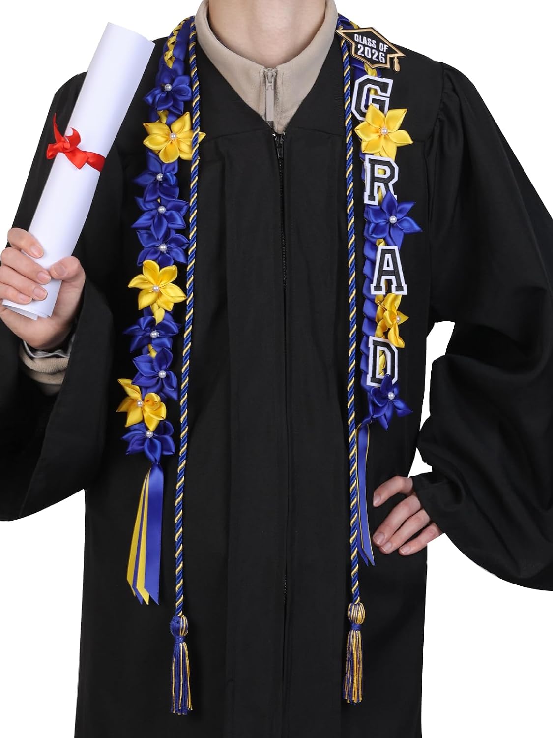 CORVIDA Graduation Leis and Honor Cords Hawaiian Flower Lei 4-Braided Ribbon Necklace with 5 Felt Patches for High School College University Graduation Ceremony Accessories