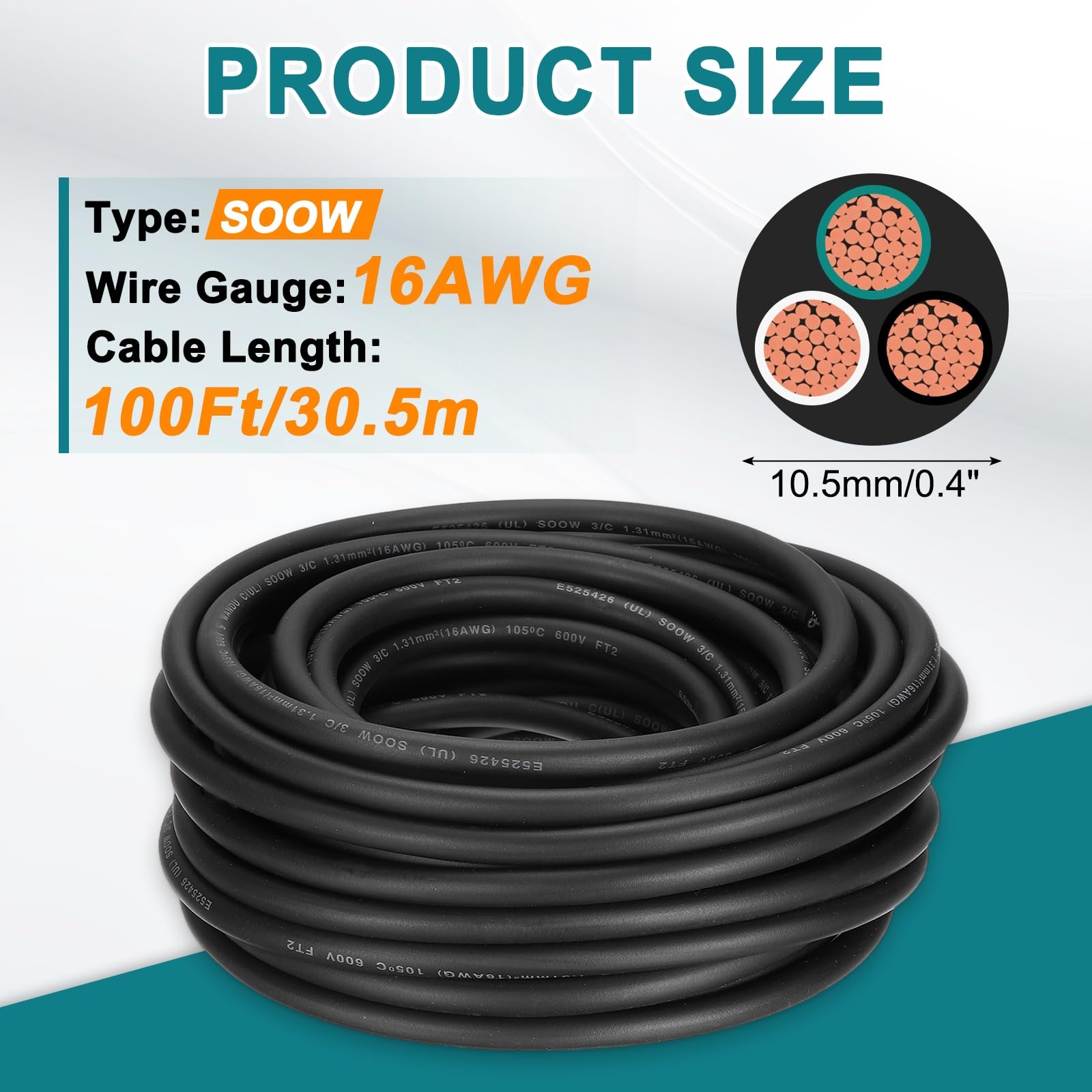 QUARKZMAN 100 Pies Cable Eléctrico SOOW 16 AWG 3 Conductores | Cable De Potencia Portátil 600V, Cable De Extensión Flexible, Para Generadores Luces LED Cargadores De Baterías