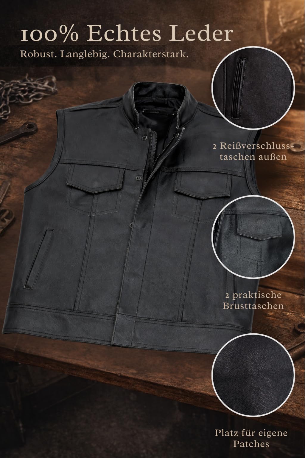 PAULGOS Lederweste Weste Kutte Leder Biker Rocker Motorrad Clubweste Bikerweste Motorradweste Schwarz BW4