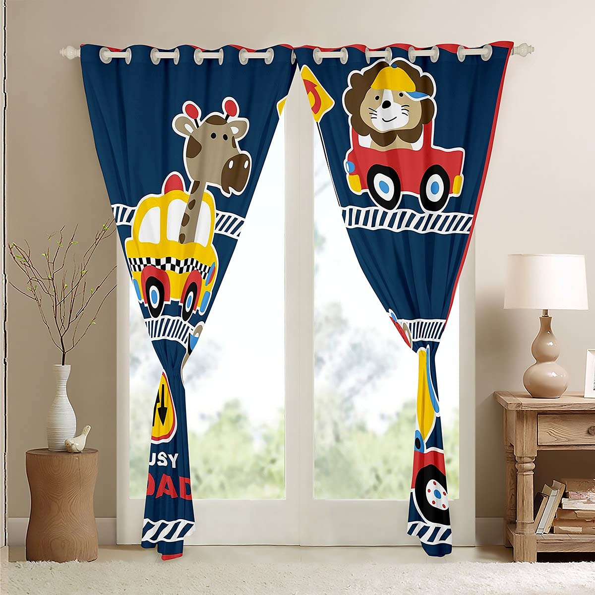 Loussiesd Kids Cartoon Cars Window Curtains for Bedroom Living Room Busy Road Curtains Cute Animal Driver Window Drapes for Boys Girls Children Colorful Toddler Vehicles Window Treatments W46*L54 - Image 4