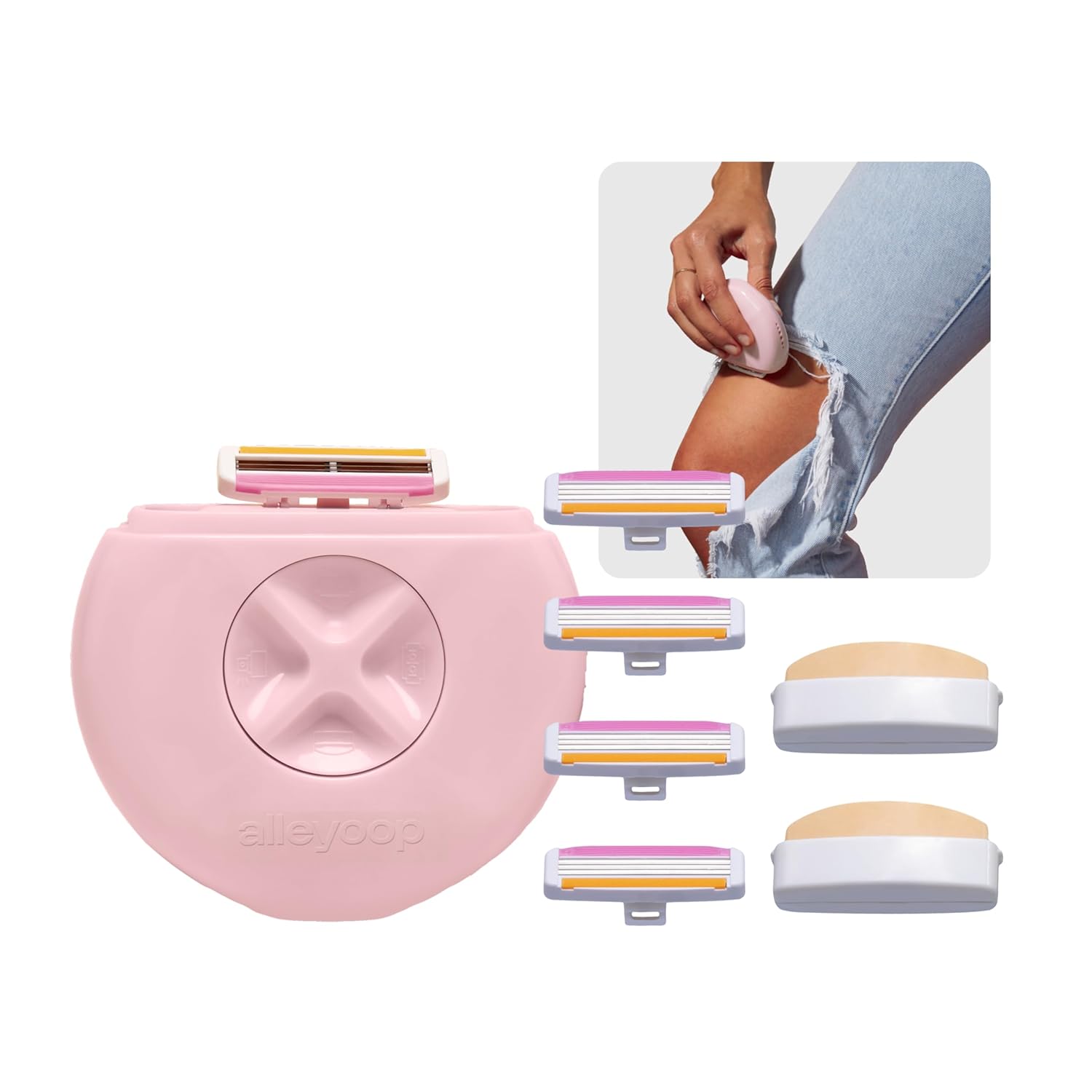 Alleyoop Portable Travel Razor for Women + Stay Sharp Refill Pack – On-the-Go Triple-Blade Razor with Moisturizing Bar & Extra Cartridges for Smooth Shaving Anywhere