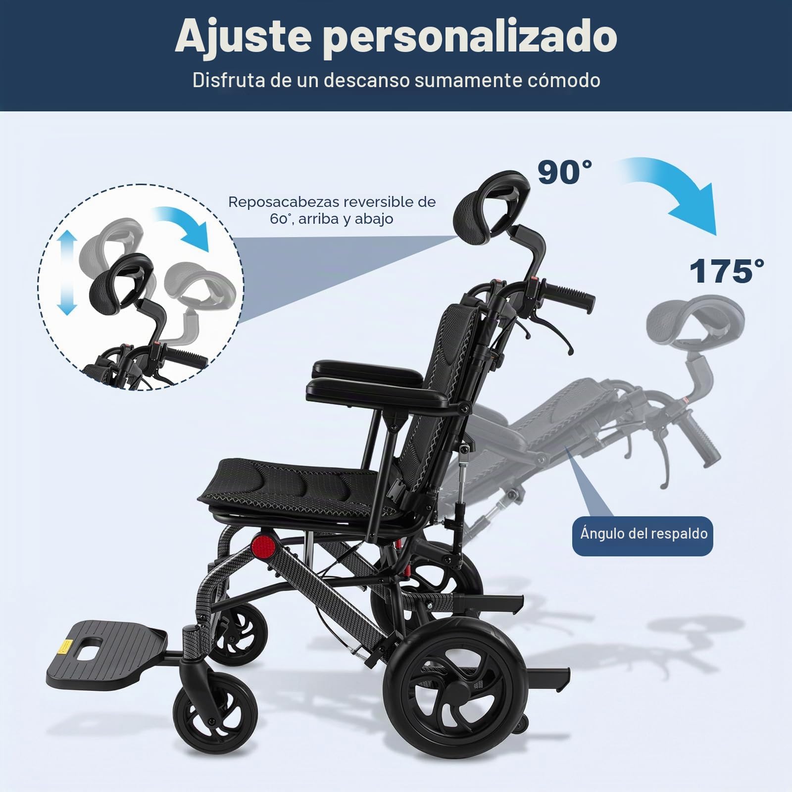 Silla de ruedas reclinable plegable con respaldo ajustable | Tumbona para adultos con 90°-175° ajustable 286,6 Lbs capacidad de carga y cinturón de seguridad para ancianos embarazadas