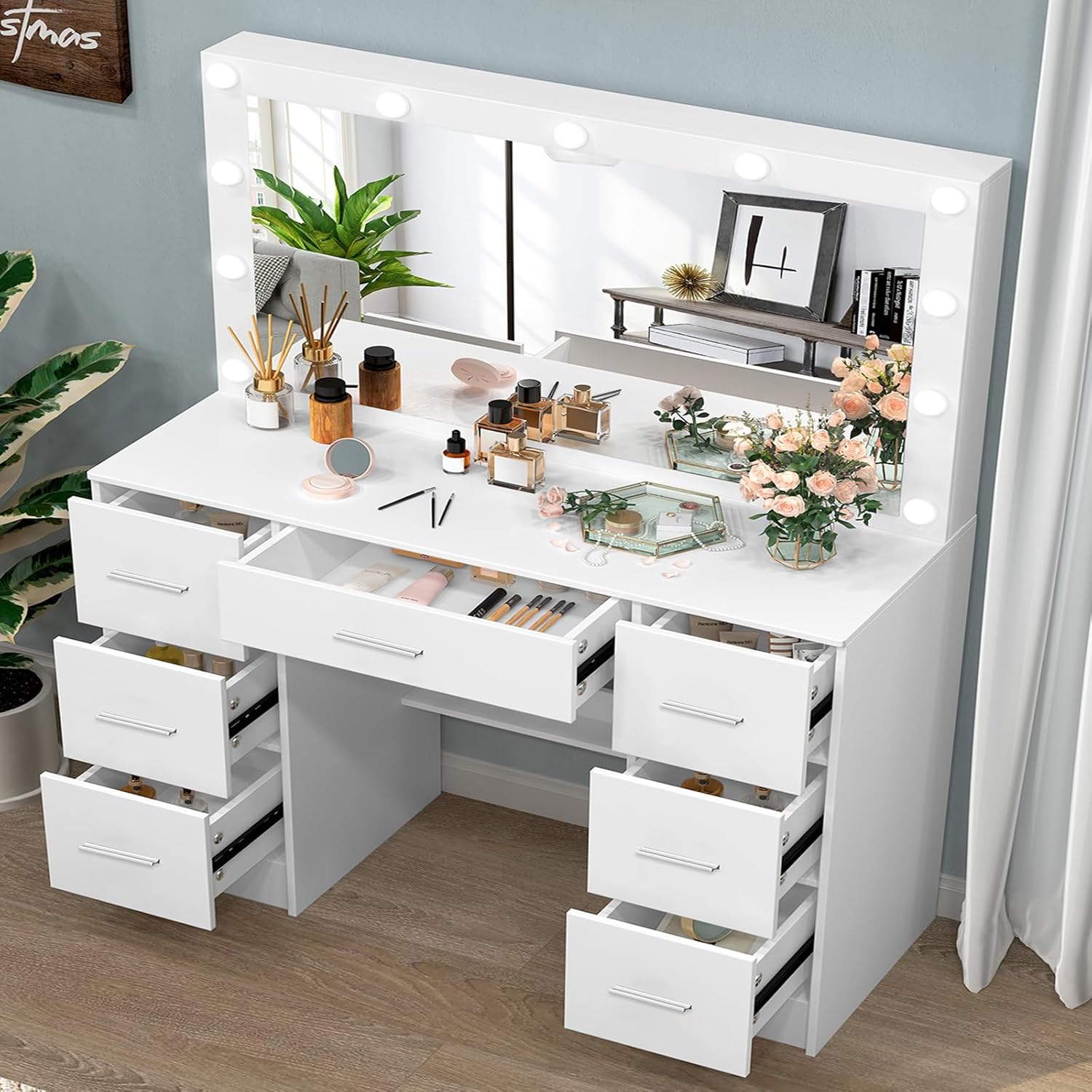 White Big Vanity with Lights and Large Mirror,55.1" H 7 Big Drawers 3 Modes 11 Lighted Bulbs Makeup Vanity Desk for Girls Women Bedroom