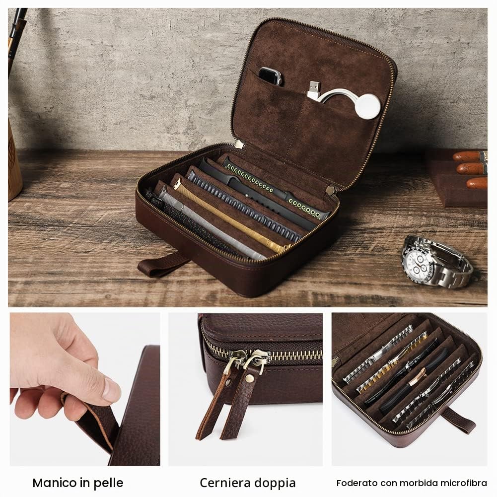 CONTACTS Custodia per cinturini in vera pelle con cerniera, organizer da viaggio, compatibile con tutte le serie di cinturini e accessori Apple Watch (color caffè, 6 slot)