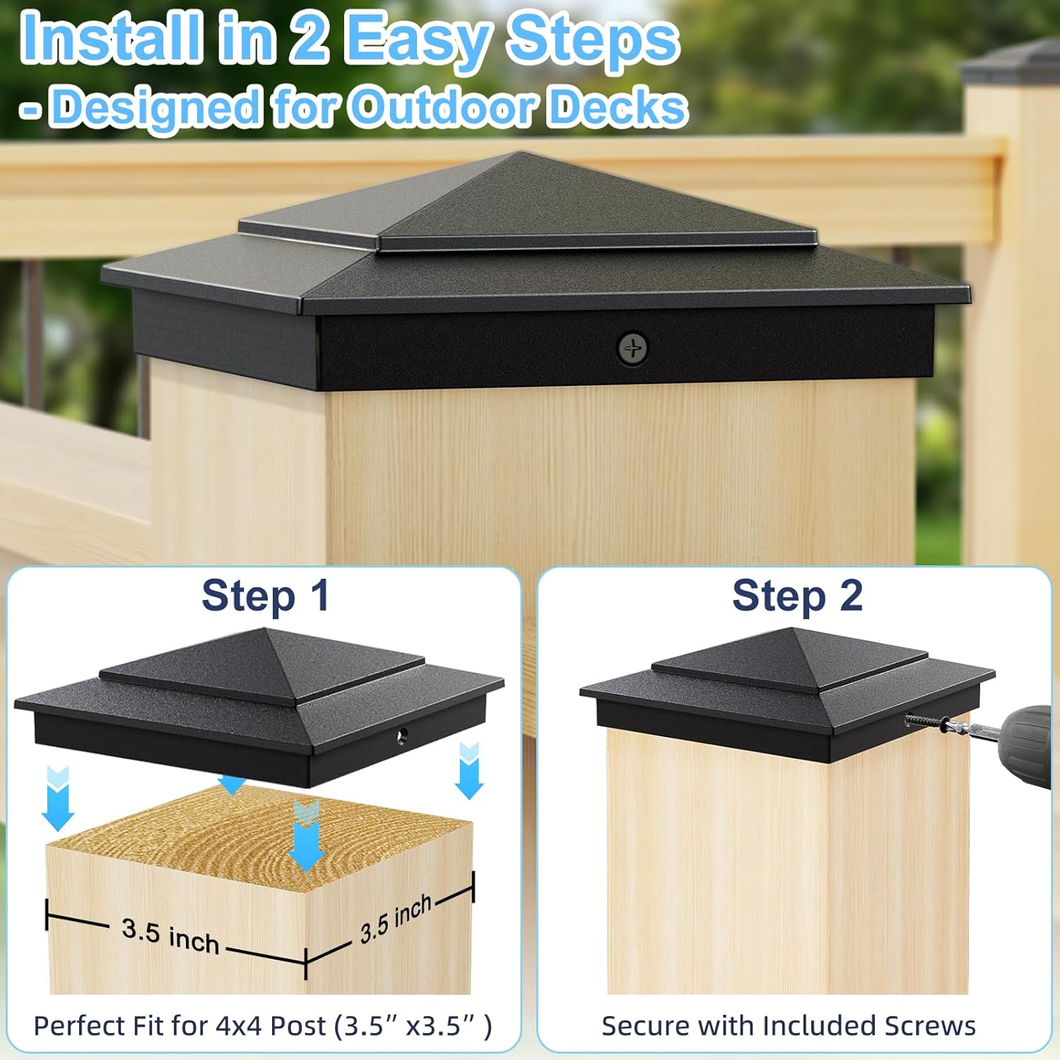 20-Pack 2x4 Aluminum Railing Brackets & 6-Pack 4x4 Post Caps – Heavy-Duty Connectors with 120 Screws, Unbreakable Fence Caps for 3.5" X 3.5" Decks, Stairs, and Cedar Fences