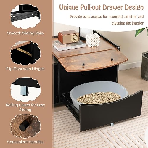 Miniatura 7 de Tangkula Caja de arena, baño oculto para gatos con cajón extraíble, rueda giratoria, puerta abatible, gabinete lateral interior de casa para gatos,