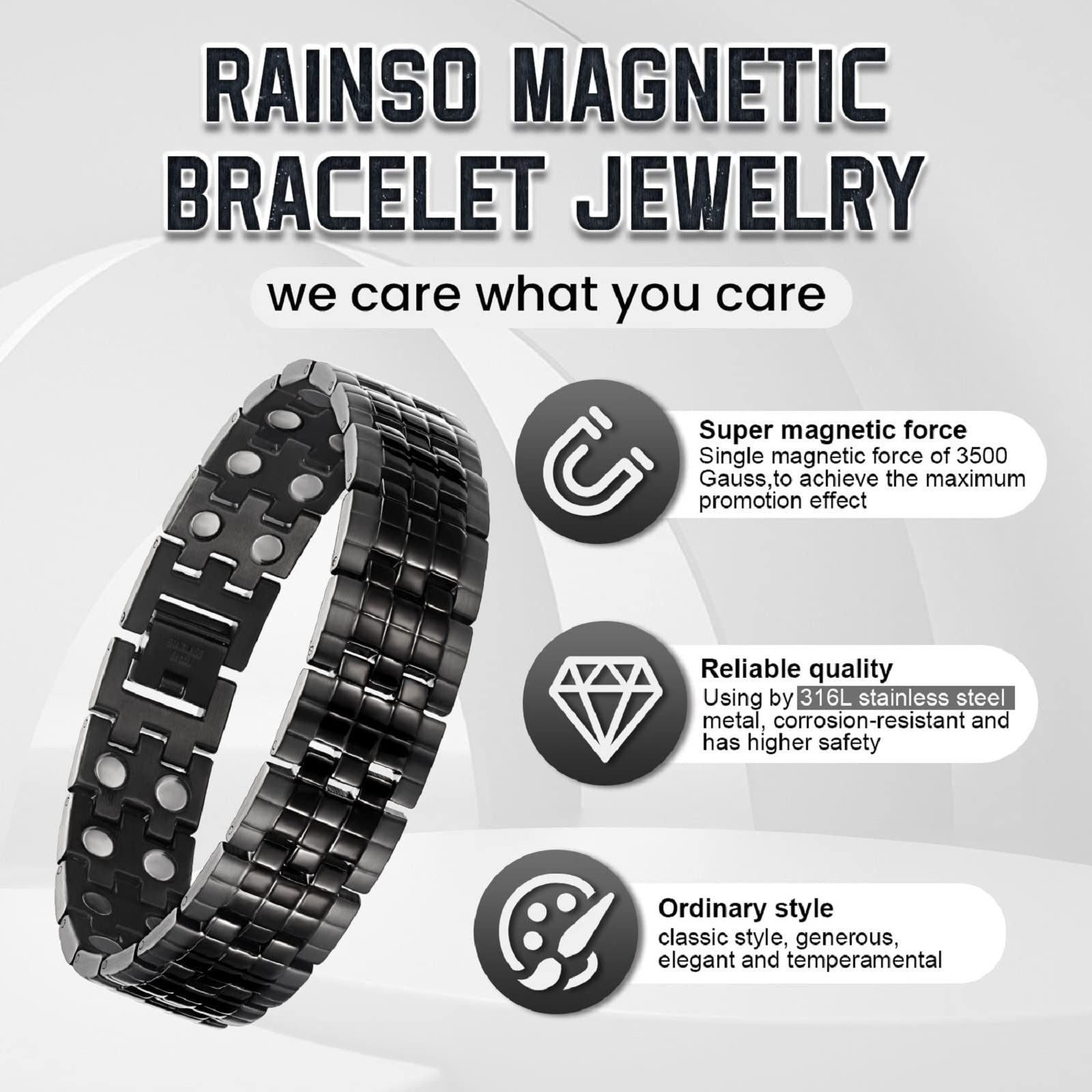 RainSo Pulsera magnética de terapia magnética ultra duradera, alivio del dolor y túnel carpiano para hombres, incluye herramienta de desmontaje (negro)