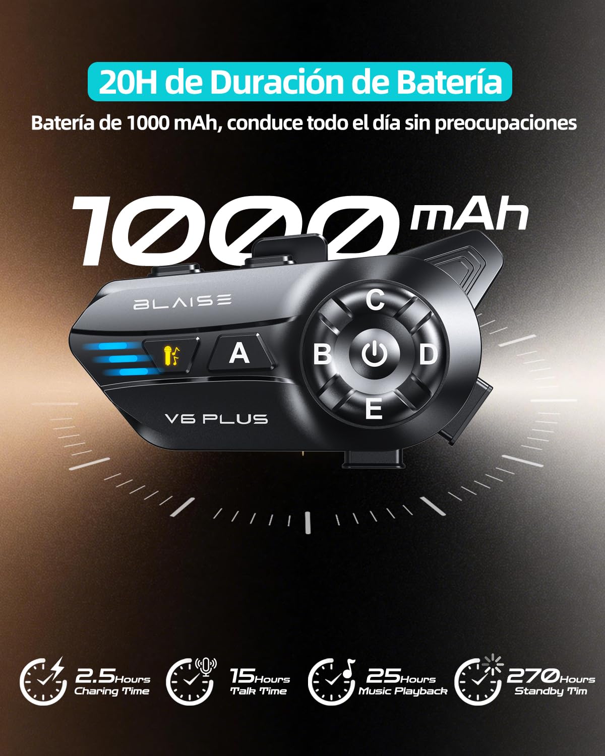 BLAISE V6 Plus - Cuffie Bluetooth per moto, sistema di comunicazione per 2 fino a 6 persone, portata di 1000 m, condivisione musicale, cancellazione del rumore, batteria 20 ore, impermeabile IPX6