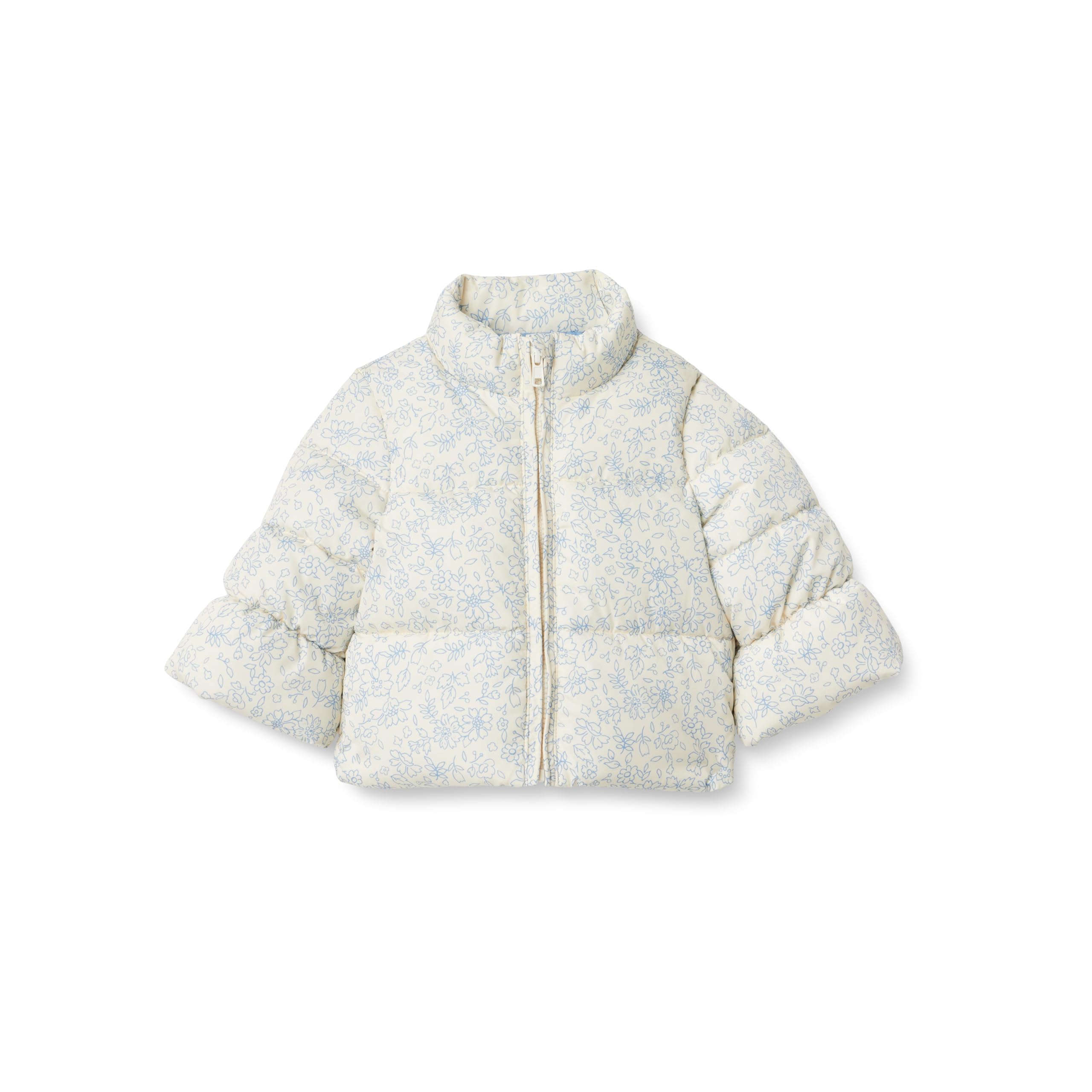 Amazon Essentials x Sofia Grainge Baby Girls' Taffeta Puffer Jacket, Ivory Blue Outlined Blooms, 12 Months
