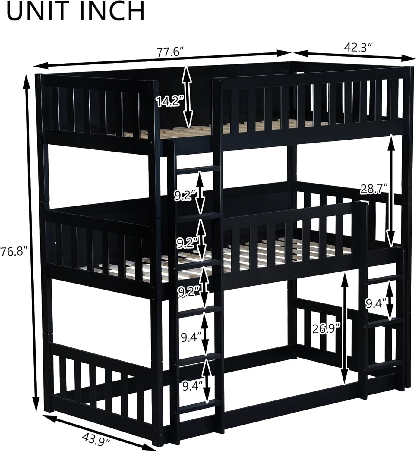 Harper & Bright Designs Triple Bunk Bed with Built-in Ladder for 3, Wood Bunk Bed Twin Over Twin for Kids Teens Adults, No Box Spring Needed, Easy Assembly, Space Saving, Black