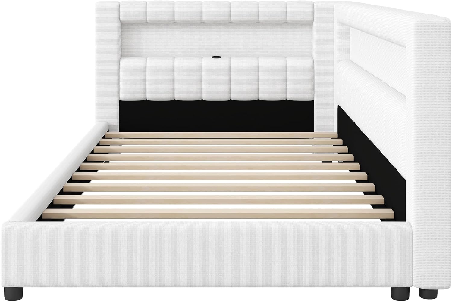 SOFTSEA Twin XL Upholstered Daybed with Storage Headboard and Charging Stations, L-Shaped Corner Bed Frame with LED Lights and Upholstered Guardrails for Kids Teens, Small Spaces, White