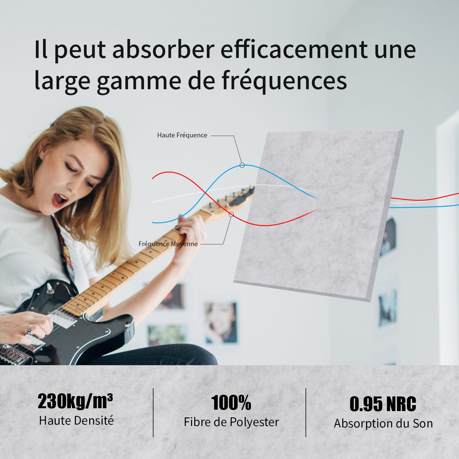 Lot de 24 panneaux acoustiques carrés autocollants I Isolation phonique efficace Couverture 2.16㎡ haute densité (230kg/m³) NRC 0.95 –Pour murs et portes,salle de jeux, Gris argenté