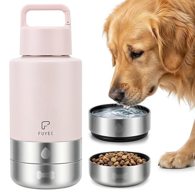 Garrafa de Água para Cães FUYEC em Aço Inoxidável com 2 Tigelas Destacáveis, Rosa, 946 mL