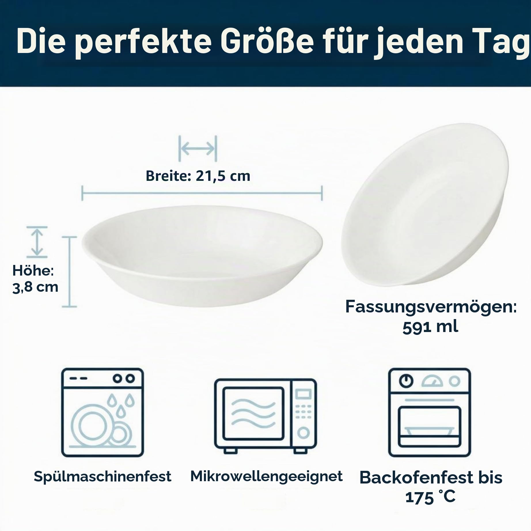 Corelle Vitrelle 1117151 Schüssel-Set, dreilagig, glas- und splitterfest, leicht, rund, 590 ml, Winterfrostweiß, 6-teilig