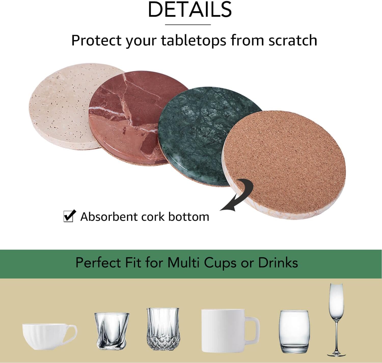 JIMEI Natural Travertine Marble Coaster Set of 4-4 Inch Round Handmade Stone Drink Coasters, Absorbent & Non-Slip Cork Backing