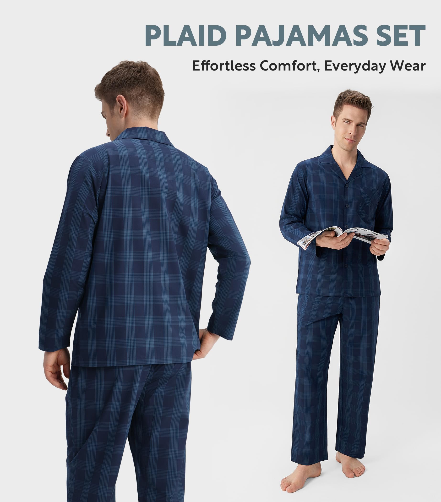 DAVID ARCHY Conjunto de pijama para hombre, de algodón tejido, a cuadros, con botones, ligero y transpirable