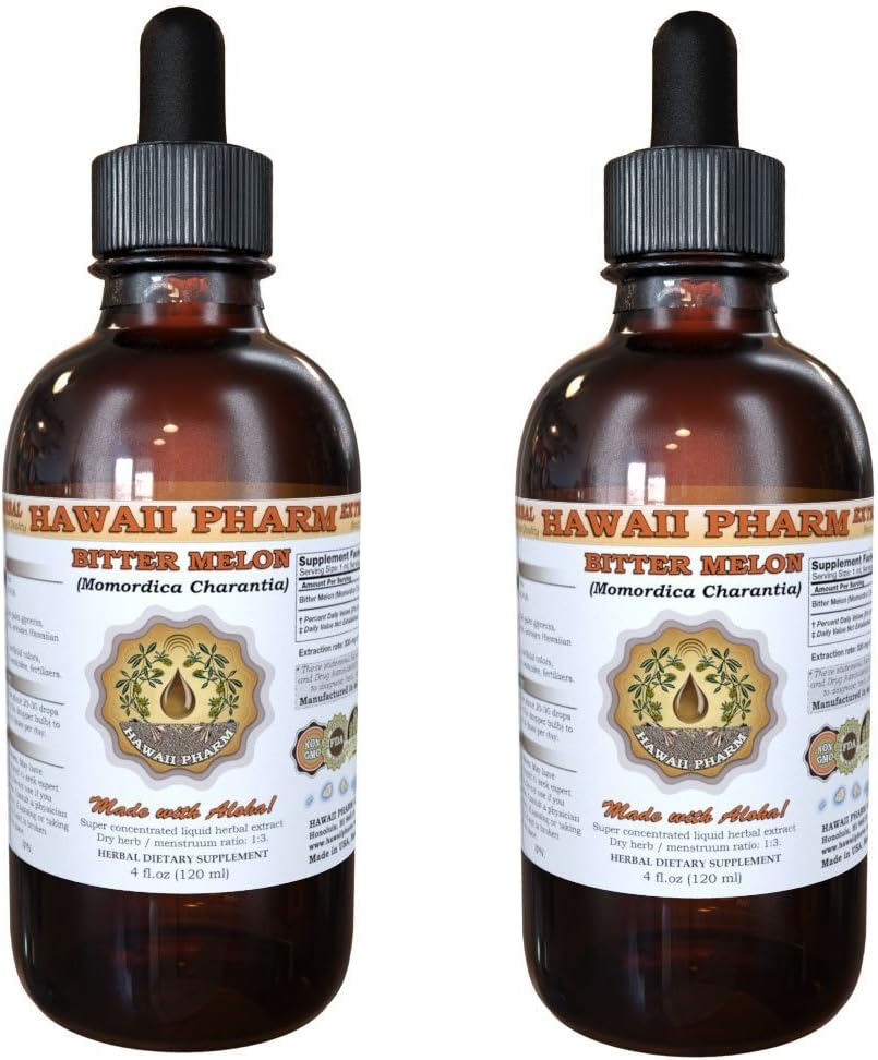 Hawaii Pharm Bitter Melon Liquid Extract, Bitter Melon (Momordica Charantia) Dried Fruit Tincture Herbal Supplement 2x4 oz