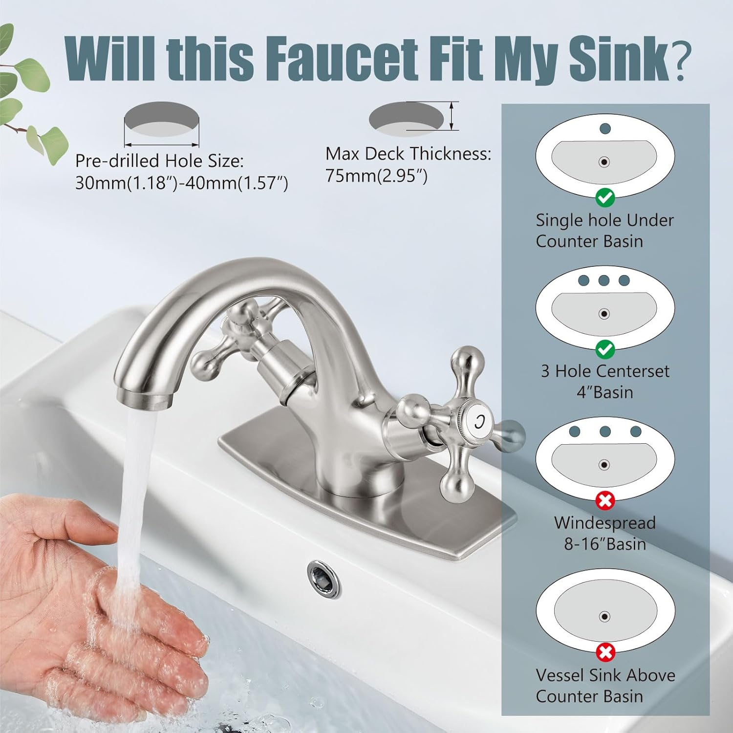 Aolemi Bathroom Sink Faucet Single Hole Cold and Hot Double Handle Cross Knobs Vanity Vessel Sink Basin Mixer Tap with Deck Cover Plate with Pop Up Drain Brushed Nickel