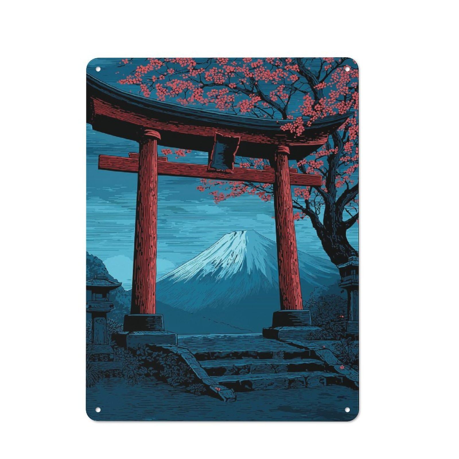 Junmoney Japanese Torii Gate With Mount Fuji Industrial-Style Tin Sign 40X30cm For Living Room Wall, For Metal Sign Collectors, For Garage And Workshop Walls