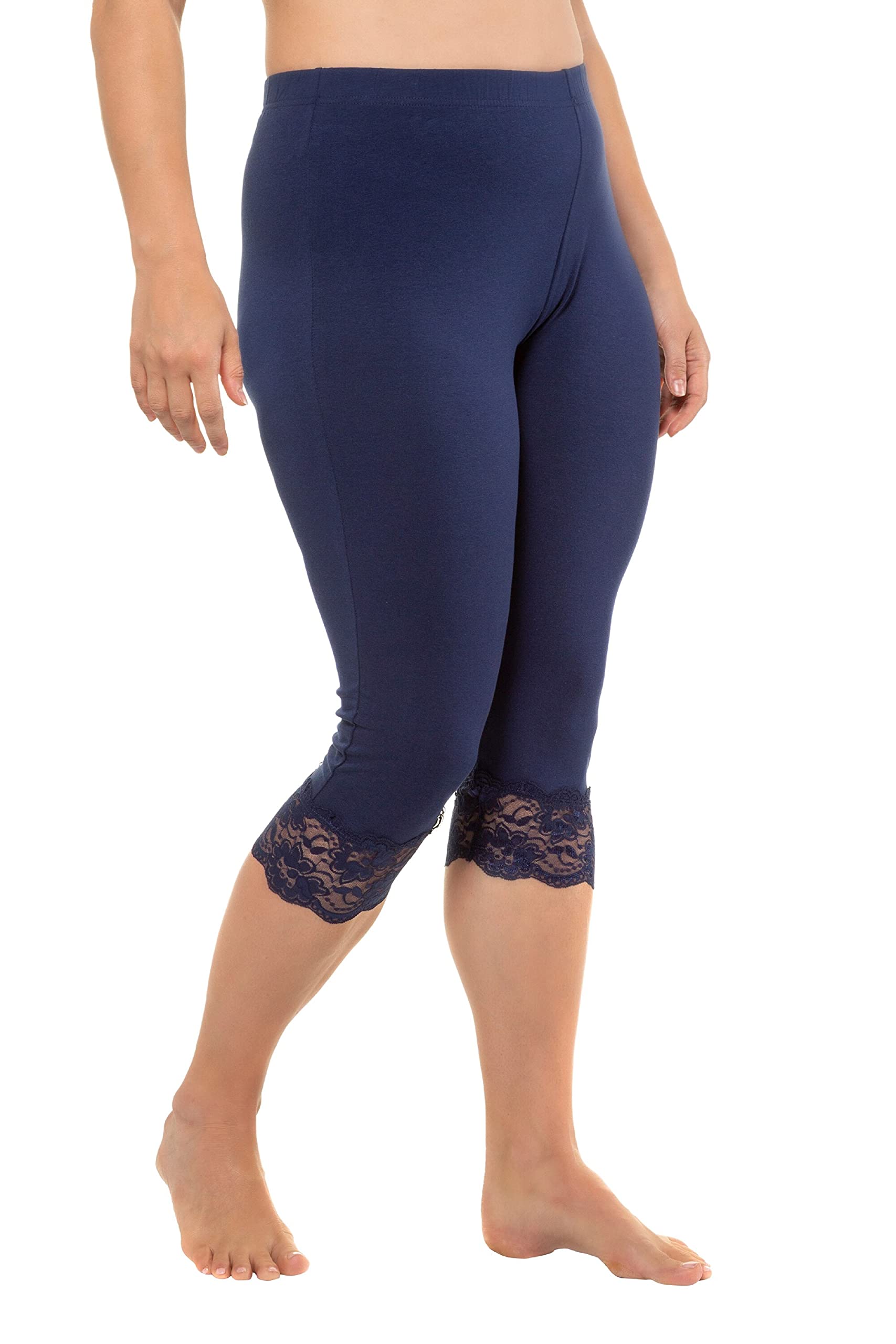 Ulla Popken Damen große Größen Übergrößen Plus Size Capri, elastischer Spitzensaum 794681