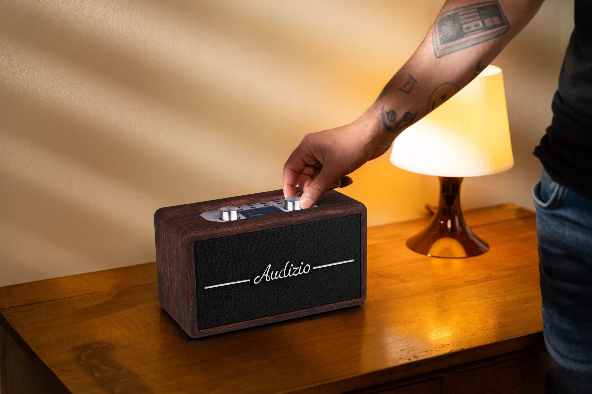 Audizio Tune60 Enceinte Portable BT Rétro avec Radio Dab+ et FM - Haut Parleur sans Fil Vintage 40W avec USB, Micro SD, AUX et Télécommande - Enceinte Mobile Design Noyer