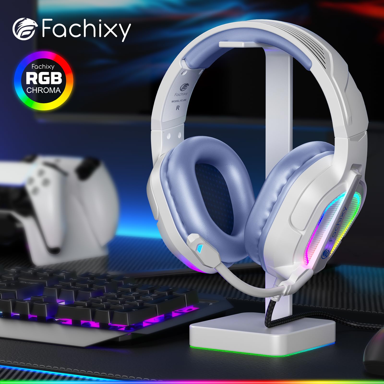Fachixy FC200 Casque Gaming pour PS5, PS4, PC, Xbox, Nintendo Switch, Casque PS5 avec câble et lumière RGB, Casque stéréo Surround avec Micro, Noise Cancelling Gamer Headphones - Blanc Violet