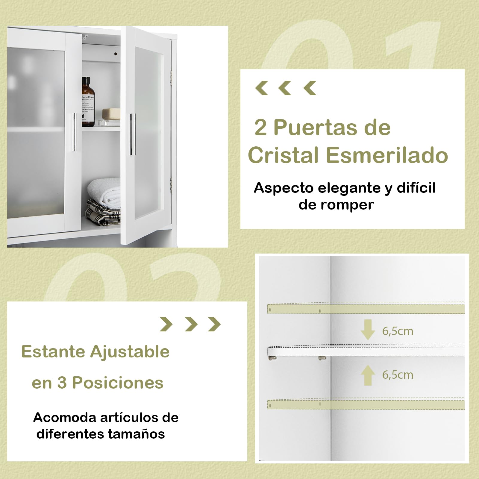 GOPLUS Armario de Almacenamiento sobre el Inodoro, Organizador de Baño con Puerta de Vidrio Templado Doble, Estante Ajustable, Estante Abierto, 170 cm