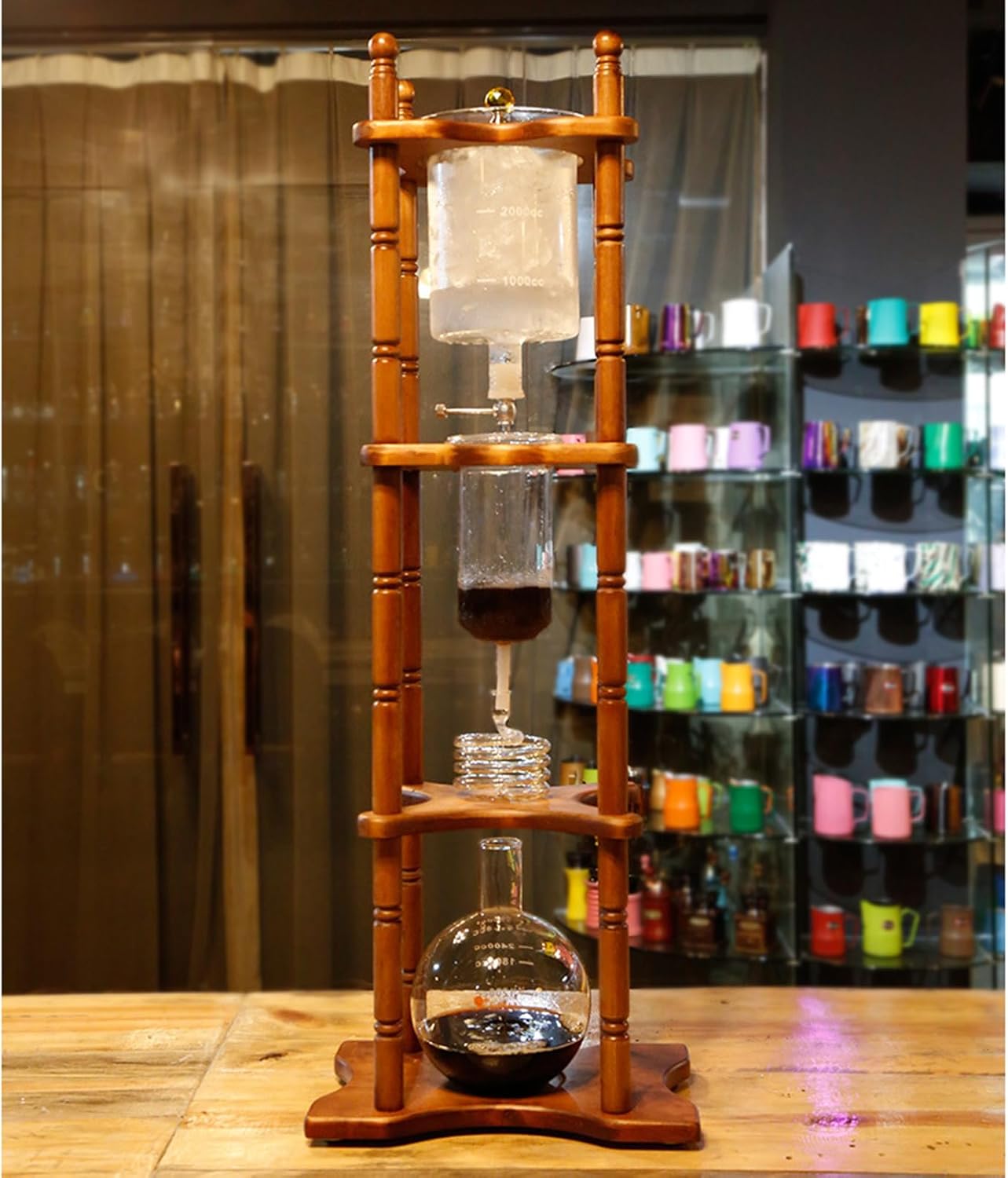 Cold Brew Coffee Tower, Ice Coffee Machine With Slow Drip Technology, 3000ml Large Capacity Glass Pot, Brown Wood Straight Frame, for Bars, Clubs, Parties