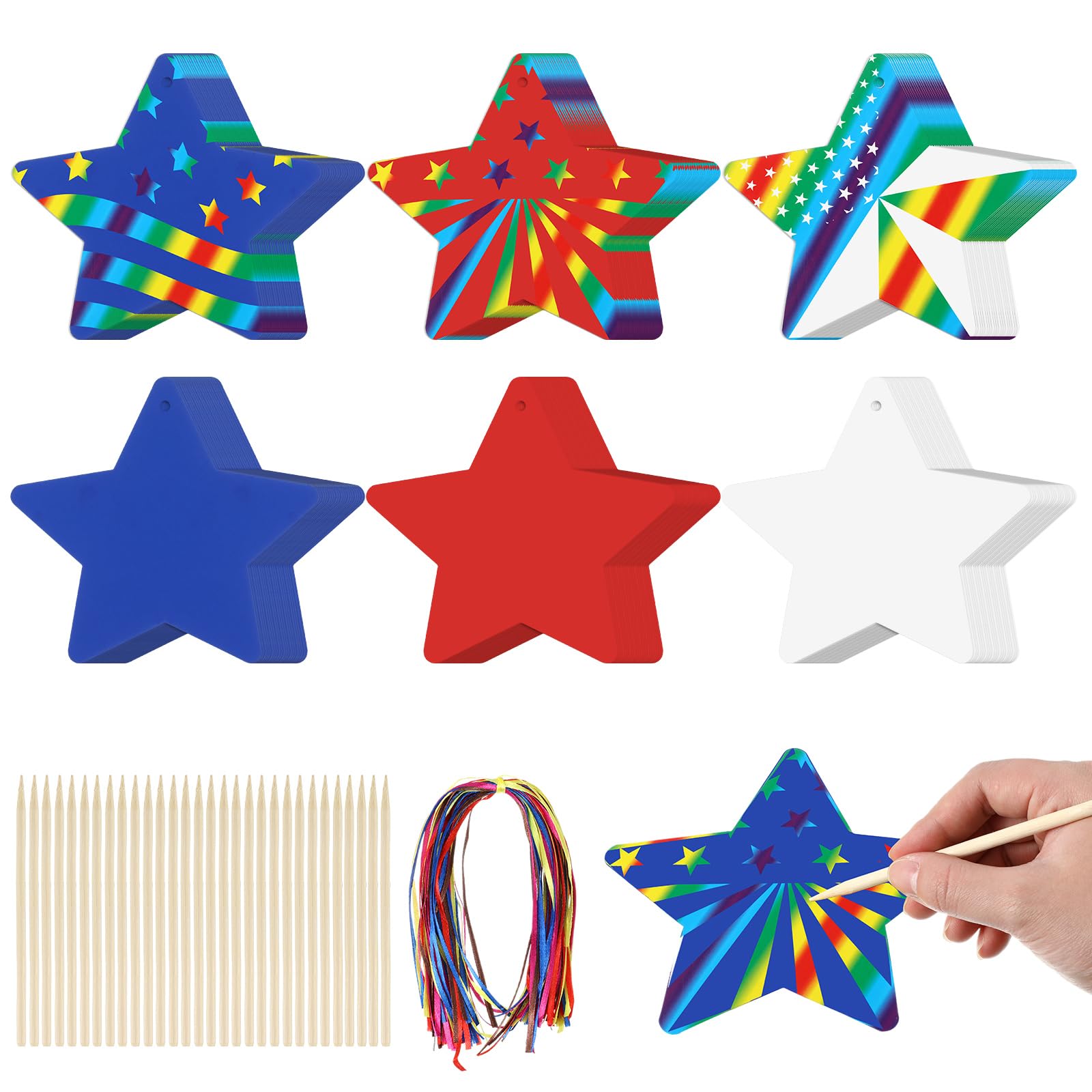 Liliful 60 Set Star Patriotic Crafts for Kids Memorial Day Colorful Star Scratch Cards with 30 Wooden Scratch Tools Blue Red White Hanging Paper Ornament for Gifts 4th of July Activities School Party