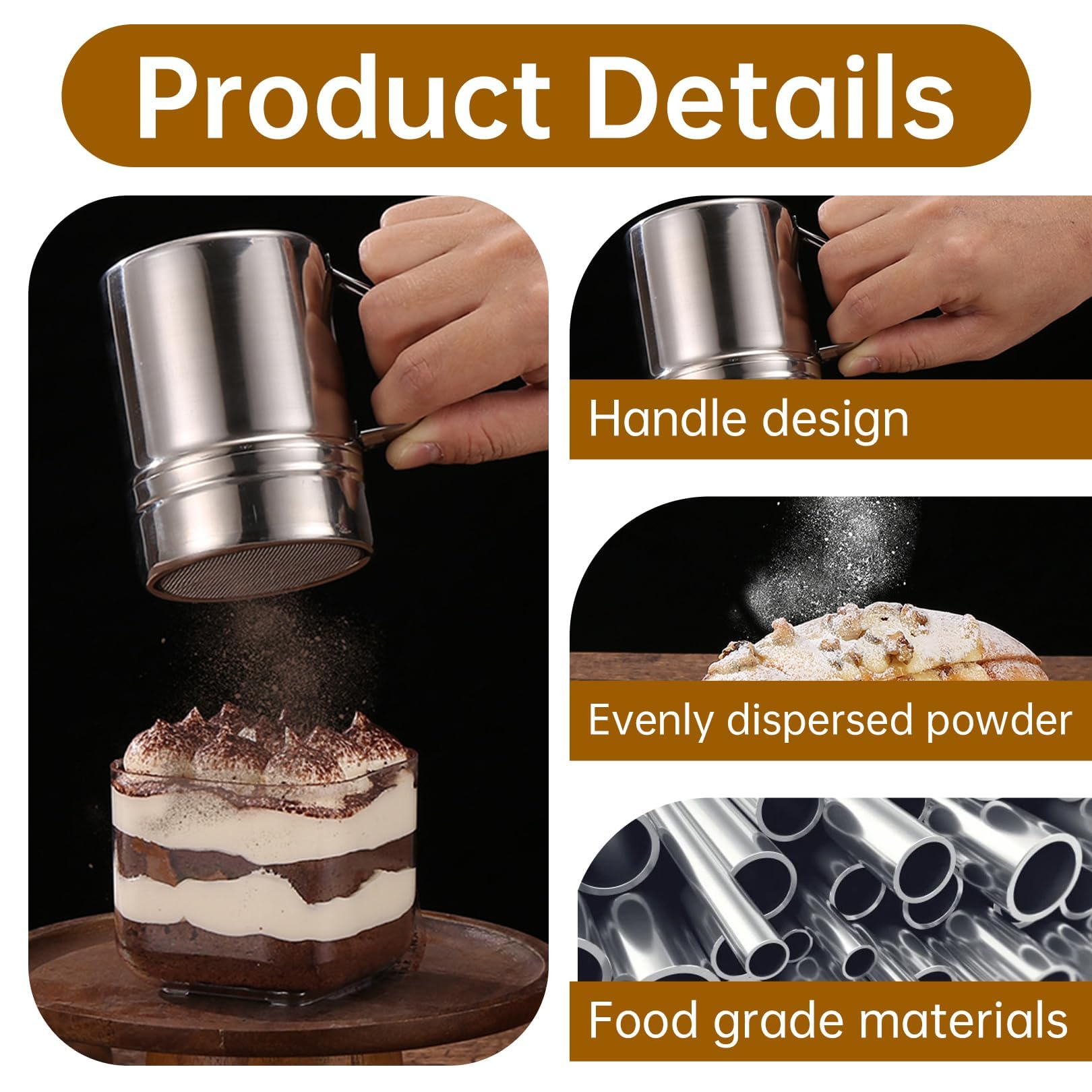 2 Stück Mehlstreuer Kakaostreuer Pulverstreuer Puderzuckerstreuer,Staubzuckerstreuer,Edelstahl mit Streuer Deckel,für Griff Shaker aus Cappuccino,Edelstahl-Pulverstreuer Feiner Frischhaltedeckel