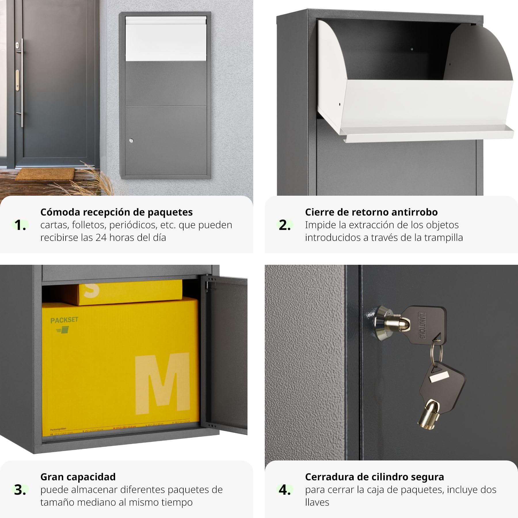tectake® Buzón Exterior XXL, Buzón para Paquetes y Cartas, Cerradura de Cilindro Antirrobo con 2 llaves, Buzón Correos Premontado, Chapa de Acero, Robusto, Espacioso, 44x22x82 cm, Entrega sin Contacto