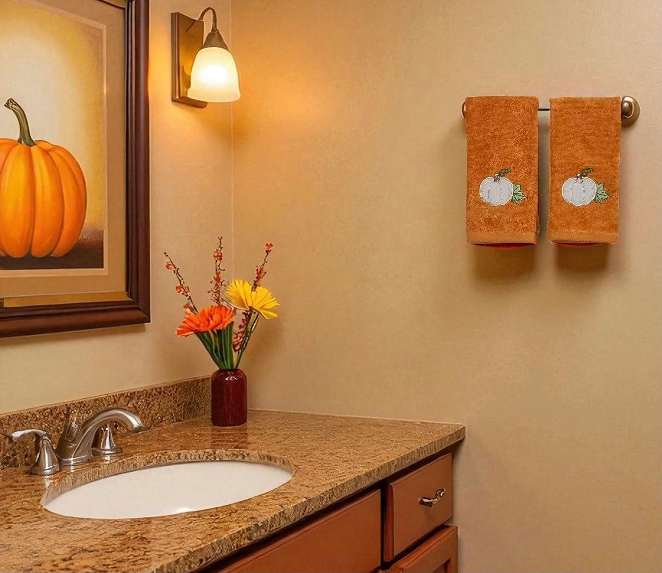 Fall Fingertip Hand Bathroom Towel, Pumpkin Leaf on Rust | Set of 2, 12x18", 100% Cotton, Soft Absorbent Velour, Perfect for Parties & Gifts, Kitchen & Bath Autumn Decor Home Accent