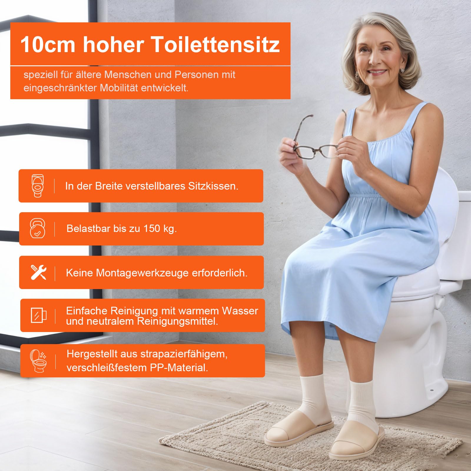 Sedile WC con larghezza regolabile, 10 cm, portata 150 kg, bianco, per disabili, pazienti, donne incinte