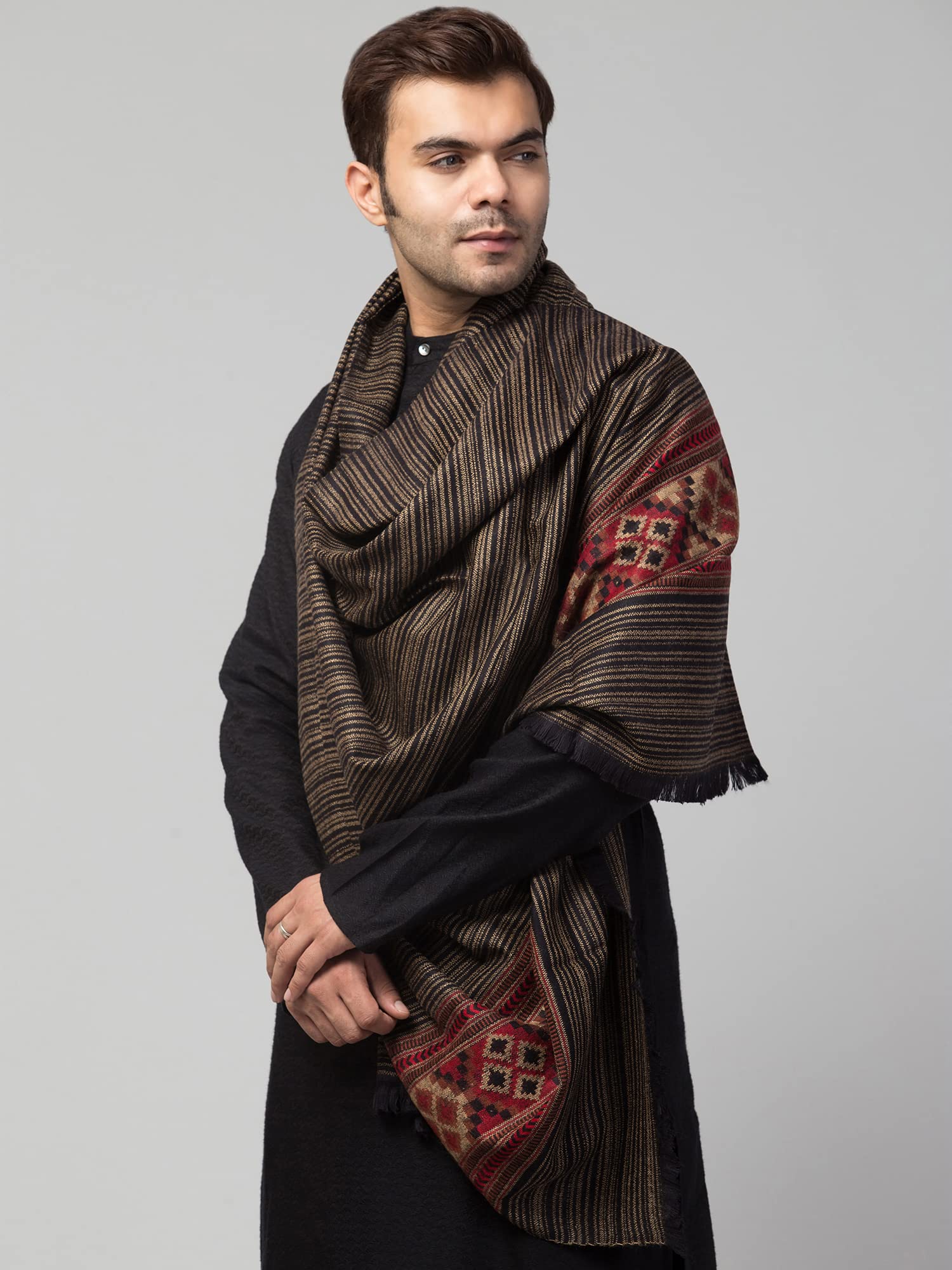 tweedle Woolen Kullu Shawl for Male/Stole for Men, Traditional Stripes Design Scarf for Gents - Black 2