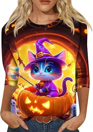 Halloween Shirts for Women 3/4 Sleeve Plus Size Crewneck Loose Fit Cute T Shirt Halloween Costumes for Women 2025