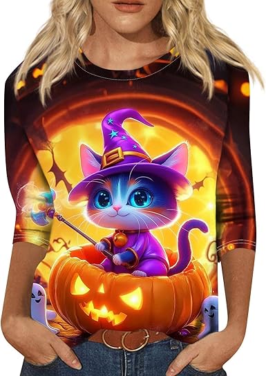 Halloween Shirts for Women 3/4 Sleeve Plus Size Crewneck Loose Fit Cute T Shirt Halloween Costumes for Women 2025