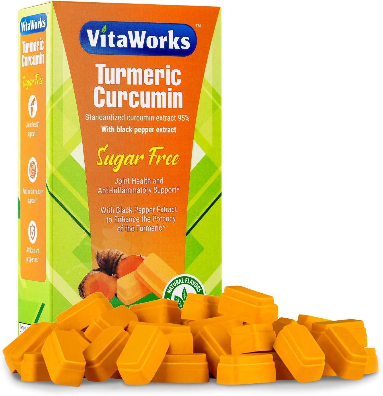 VitaWorks Turmeric Curcumin Sugar Free Orange Chocolate Vitamin Chew, w/Black Pepper Extract, GMO Free & Gluten Free, Great Tasting Orange Cream Flavored Treat, Adult Dietary Supplement, [30 Doses]