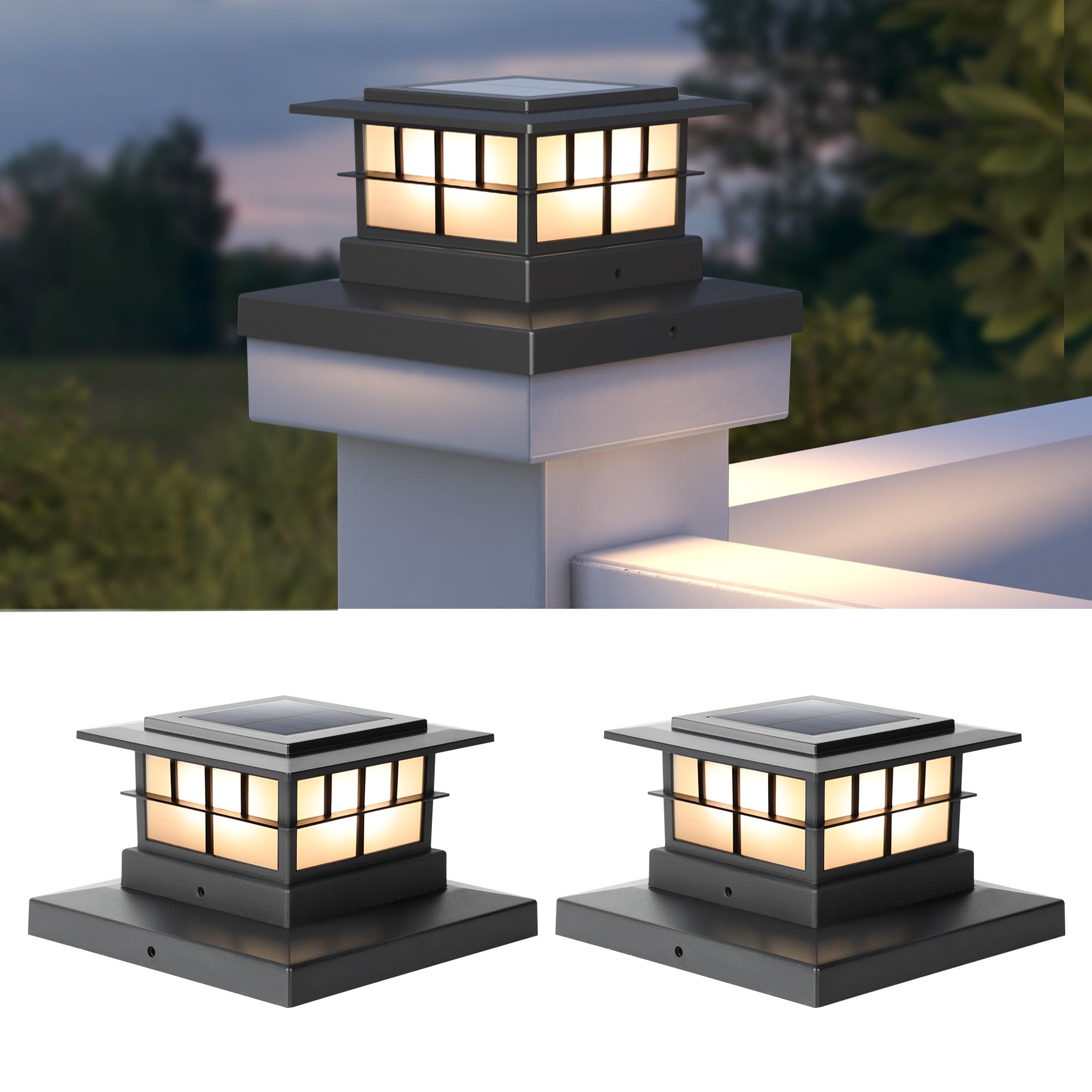 LUTEC Solar Post Cap Lights, IP65 Waterproof Solar Fence Post Lights for 4x4 5x5 6x6 Wooden/Vinyl Posts, Warm White 3000K LED Solar Powered Lighting Decor for Yard, Garden, Patio, Deck (2)