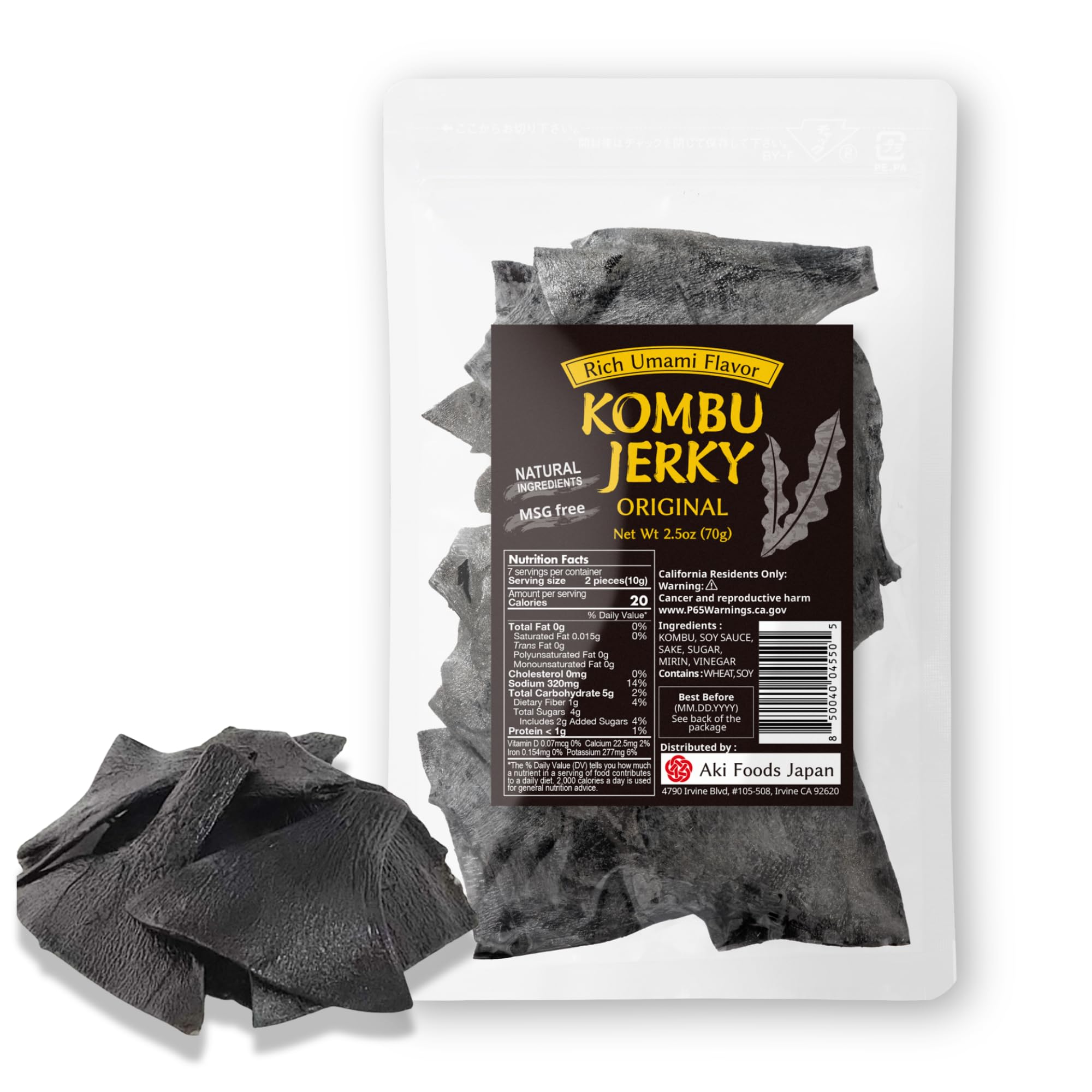 Kombu Jerky 2.5oz (70g) by Aki Foods Japan – All-Natural, MSG-Free, Vegan-Friendly Seaweed Snack with Soy Sauce, Rich Umami Flavor | Made in Japan