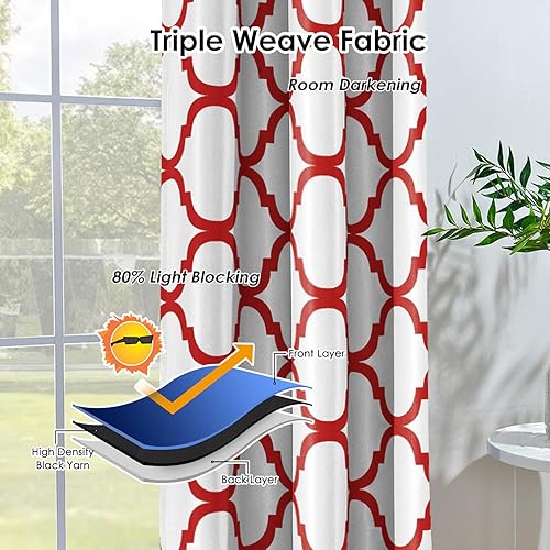 Miniatura 5 de Melodieux Cortina opaca con ojales para oscurecer la habitación, estilo marroquí, para sala de estardormitorio, 42 x 84 pulgadas, blanco roto y rojo