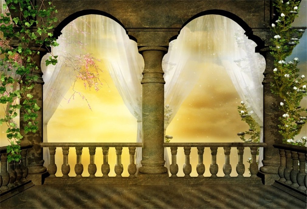 YongFoto Sfondo Fotografico 2,2x1,5m - Porta Gotica Con Fiori E Foglie Verdi Per Feste, Matrimoni E Studio - 5