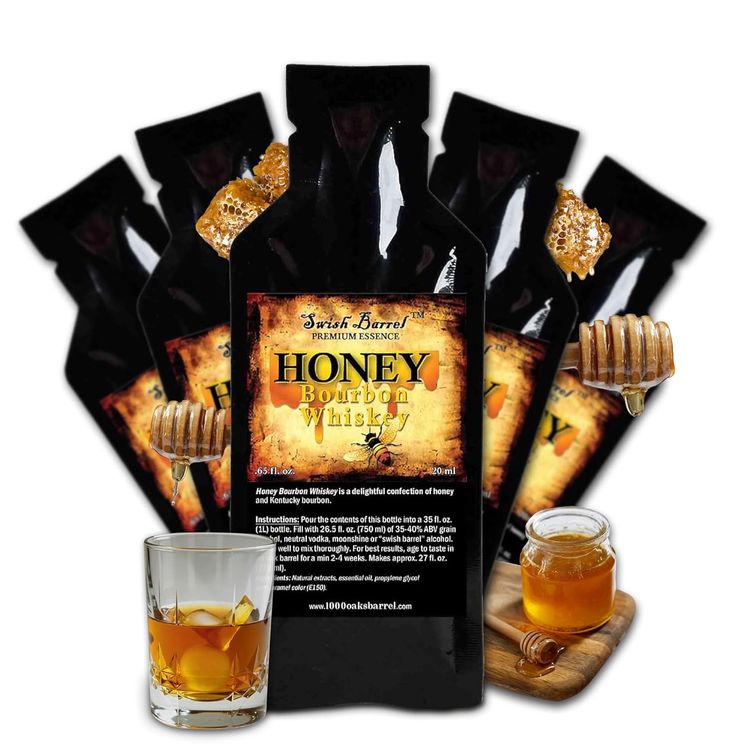 Honey Bourbon Whiskey Flavoring Essence (5 Pack), Liquor Flavor Refill Packet for Bootleg Kits & Barrel Aging, Swish Barrel Extract for Cocktails, Mixology & Moonshine Distilling, 5 x 20ml (.65oz)