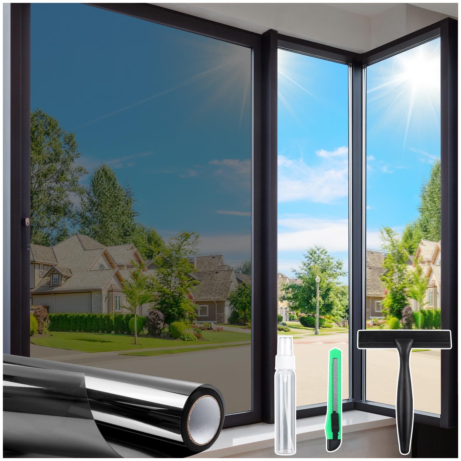 homein one way privacy window film with tool window tint for home see out not in heat control sun blocking mirror reflective anti uv covering static cling no glue black-sliver 35.4" x 78.7"