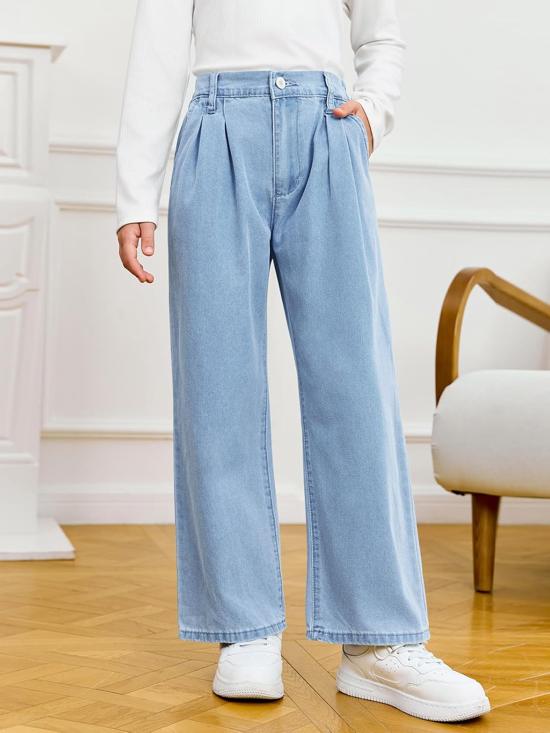 Haloumoning Girls Wide Leg Baggy Jeans Kids Fashion Pleated Elastic High Waist Denim Pants with Pockets 5-14 Years - Image 3